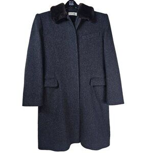 VTG Calvin Klein Merino Trench Coat Sz 14 Women Faux Fur Collar Quiet Luxury USA